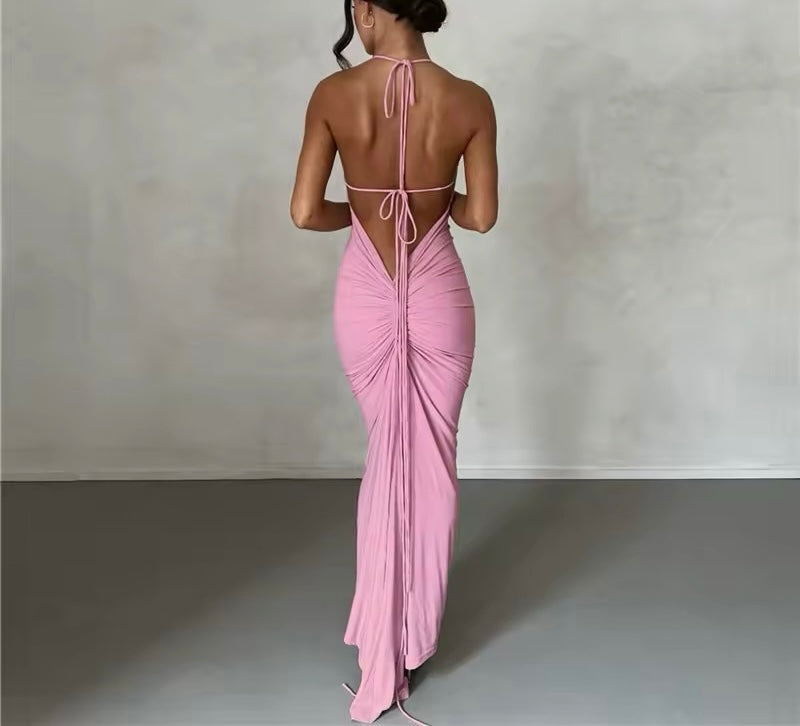 Backless Ruched V Bodycon Spaghetti Strap Maxi Dress