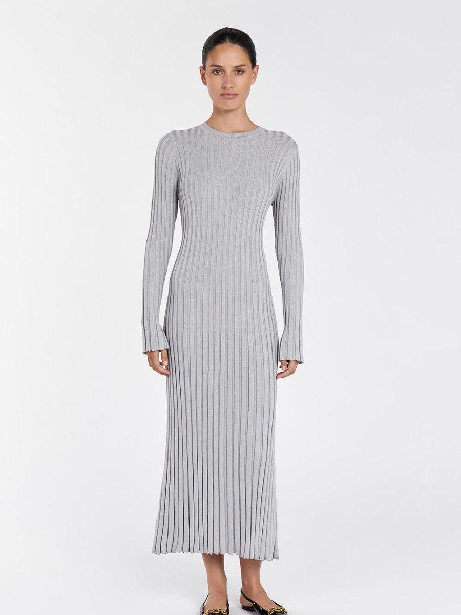 Ada Silver Long Sleeve Midi Dress | Elegant Design